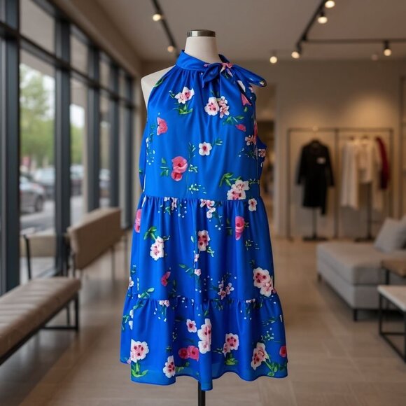 Eliza J Blue Floral Midi Dress w/ Neck Tie | Size 22W - Picture 1 of 3